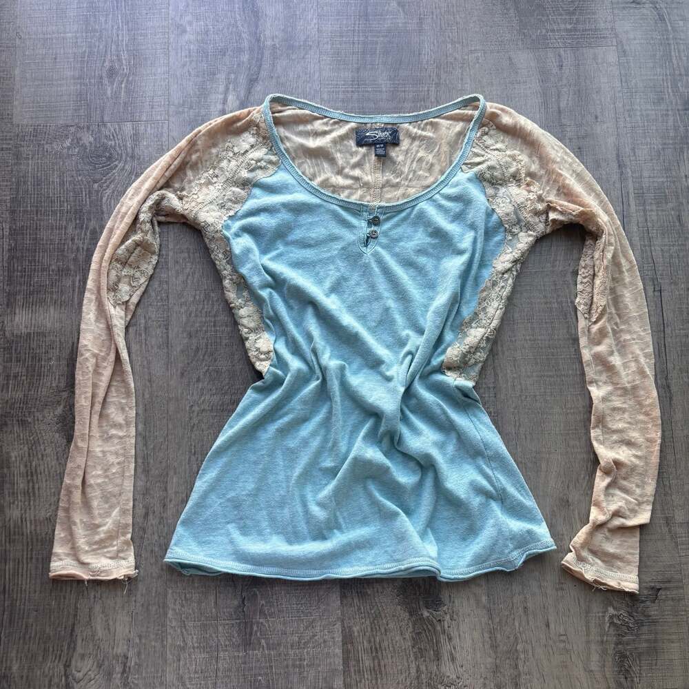 Silver Jeans Co. Blue and Beige Lace Trim Long Sleeve Henley Top Size M
